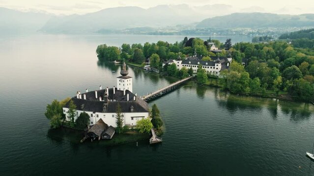 Aerial view of the Schloss Ort in Gmunden at lake Traunsee in Upper Austria . 