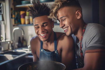 Happy and sexy generative AI young gay couple cooking meal together at home.
