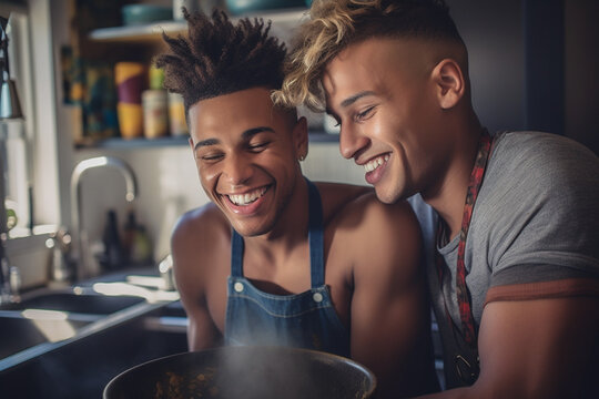 Happy And Sexy Generative AI Young Gay Couple Cooking Meal Together At Home.
