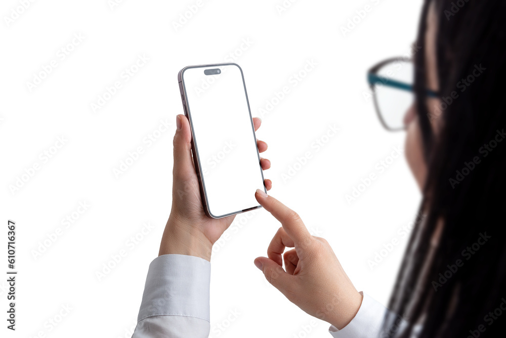 Aufkleber woman touches app on smartphone with isolated, transparent screen and background. above shoulder vie
