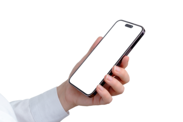 Hand holding smartphone with white isolated, transparent screen and background for app presentation and mockup, showcasing modern design. Close-up