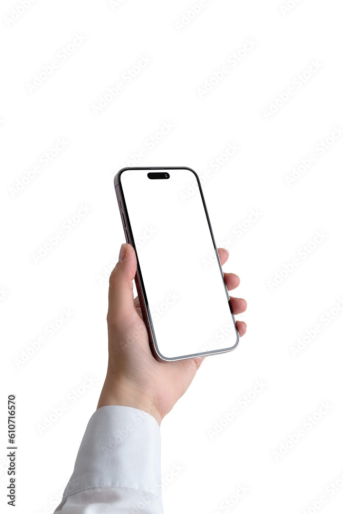 Poster hand with white shirt holding modern mobile phone with camera built in display. isolated, transparen