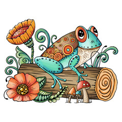 Boho Frog on Log with Flowers and Mushrooms