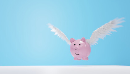 Flying Piggy Bank on Blue Background with Wings Taking Off