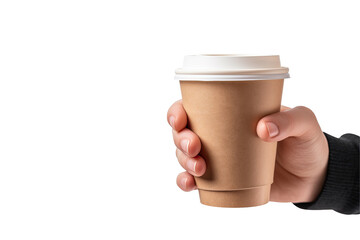 A Hand holding a Blank take away kraft coffee cup transparent background, PNG ,Generative AI