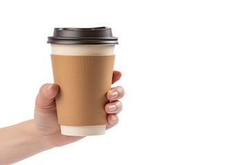 A Hand holding a Blank take away kraft coffee cup transparent background, PNG ,Generative AI
