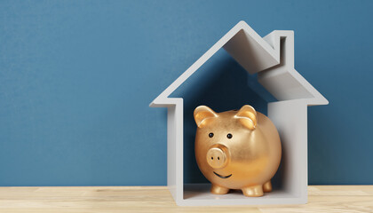 Golden Piggy Bank on Blue Background Signifying house Savings and Investment