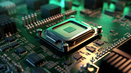 Obraz premium Futuristic microchip processor with lights on the background. generative ai