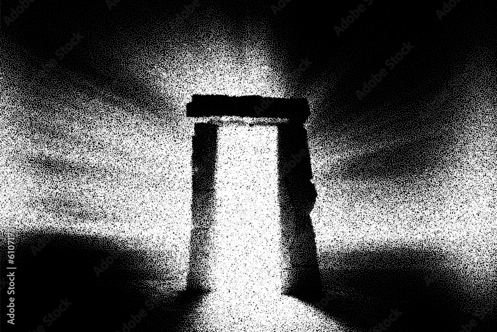 Aufkleber ancient ruins in sci-fi scene with dotwork retro style. mysterious gate debris with dramatic lights 