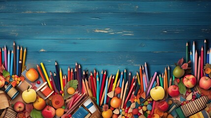 school supplies on blue wooden background with copy space.ai generated