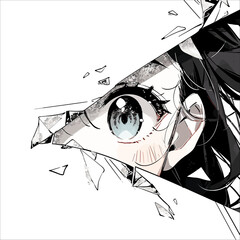 Naklejka premium Anime Manga girl eyes looking from paper tear. Drawn anime girl peeps out. Isolated on white background. Vector illustration EPS10
