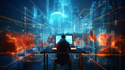 Fototapeta na wymiar Computer programmer using the laptop for data processing in futurist tech room - Generative Ai artwork