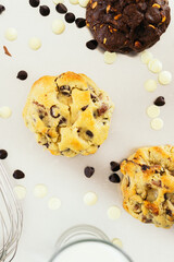 Top view of three chocolate chip cookies.