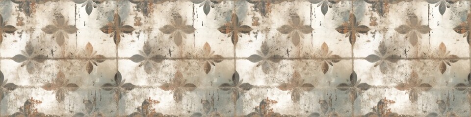 Old gray rusty vintage worn shabby patchwork motif tiles stone concrete cement wall texture background banner, with floral flower laeves print, seamless pattern Generative AI