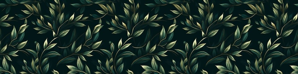 Abstract luxury elegant floral organic texture wallpaper banner illustration - Gold leaves on dark green background, seamless pattern Generative AI