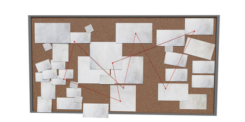 detecftive board with blank paper linked by red thread 3d render - 610718935