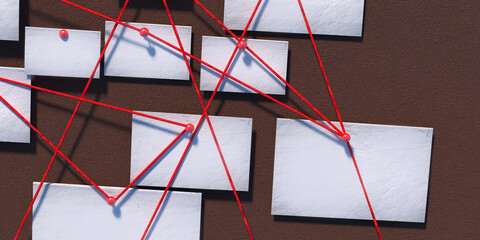 detecftive board with blank paper linked by red thread 3d render
