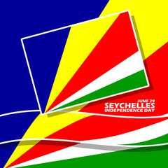 Colorful Seychelles flag with ribbon and bold text to commemorate Seychelles Independence Day on June 29