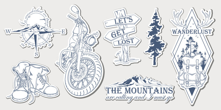 Set of hand drawn travel stickers with forest trees silhouette, mountains and travel elements. Wanderlust. Adventure. Vector isolated illustration for t-shirt design, posters, stickers, tatoo, badges