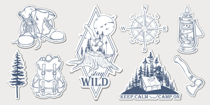 Set of hand drawn travel stickers with forest trees silhouette, mountains and travel elements. Wanderlust. Adventure. Vector isolated illustration for t-shirt design, posters, stickers, tatoo, badges