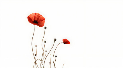 Red orange poppy flower, on a white background, single stem flower, ikebana, simple, minimal design, wedding, invitation cards