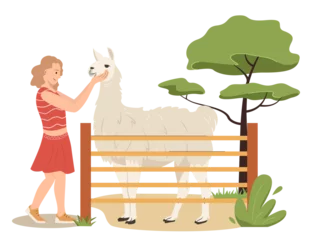 Foto op Canvas Cute children walking in safari park. Happy girl spending the day visiting Zoo and hugging llama. For African animals, safari, tourists concept. Cartoon vector illustration in flat style © Катерина Фирсова