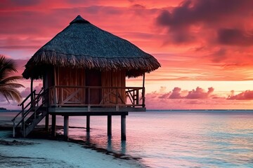 Wooden hut at tropical beach at sunset. Created with Generative AI tools