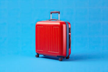 Red travel suitcase isolated on blue background. Travel and tourism concept. Created with Generative AI tools