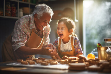 A grandparent and grandchild laughing together while baking cookies in a warm, inviting kitchen, elderly happy people, old age, bokeh Generative AI