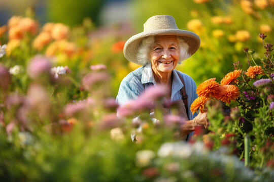 An elderly lady wearing a vibrant sunhat and tending to her blooming flower garden, elderly happy people, old age, bokeh Generative AI