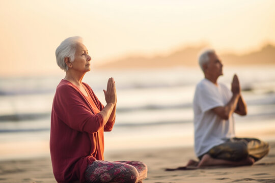 A group of seniors practicing yoga on a serene beach, feeling the gentle sea breeze, elderly happy people, old age, bokeh Generative AI