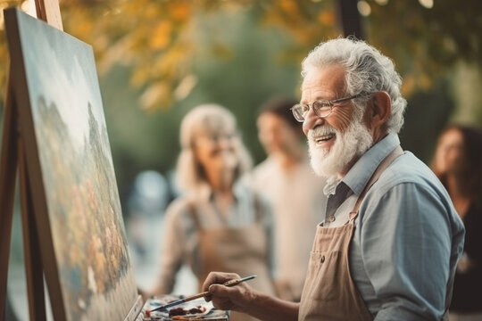 An older man teaching a group of eager seniors how to paint beautiful landscapes, elderly happy people, old age, bokeh Generative AI