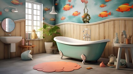 beautiful cartoon interior of the bathroom with a beautiful view of the flowers and a fish Generative AI, AI Generated 