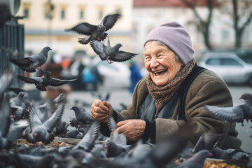 An older woman smiling as she feeds a flock of pigeons in a vibrant city square, elderly happy people, old age, bokeh Generative AI