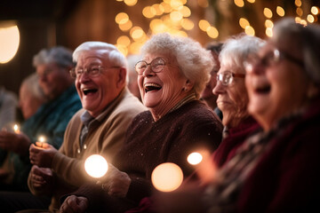 A group of elderly individuals engrossed in a captivating storytelling session, their faces lit up with joy and wonder, elderly happy people, old age, bokeh Generative AI