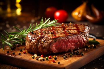red roast raw grill beef fried meat dark background steak food. Generative AI.