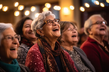 A group of elderly individuals engrossed in a captivating storytelling session, their faces lit up with joy and wonder, elderly happy people, old age, bokeh Generative AI