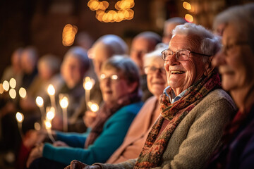Fototapeta na wymiar A group of elderly individuals engrossed in a captivating storytelling session, their faces lit up with joy and wonder, elderly happy people, old age, bokeh Generative AI