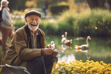 An older man sitting on a park bench, feeding ducks in a serene pond, with a contented smile on his face, elderly happy people, old age, bokeh Generative AI