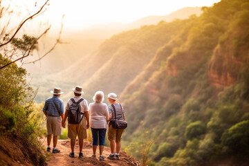 A group of seniors embarking on a scenic nature hike, admiring the breathtaking views and sharing stories along the way, elderly happy people, old age, bokeh Generative AI