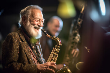A senior man playing a musical instrument with a jazz band, the joy evident on his face as he...