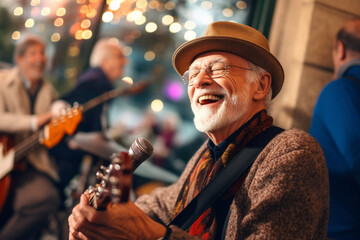 A senior man playing a musical instrument with a jazz band, the joy evident on his face as he...