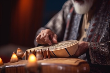 An older man teaching a group of seniors how to play a traditional musical instrument, creating a harmonious and uplifting atmosphere, elderly happy people, old age, bokeh Generative AI