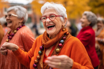 A group of seniors dressed in festive attire, dancing and celebrating at a lively community event, elderly happy people, old age, bokeh Generative AI