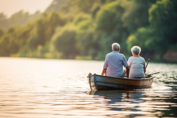 A senior couple enjoying a peaceful boat ride on a serene lake, basking in the tranquility of nature, elderly happy people, old age, bokeh Generative AI