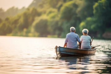 Foto op Canvas A senior couple enjoying a peaceful boat ride on a serene lake, basking in the tranquility of nature, elderly happy people, old age, bokeh Generative AI © Катерина Євтехова