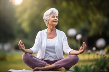 An older woman practicing yoga in a peaceful garden, finding balance and serenity in her movements, elderly happy people, old age, bokeh Generative AI