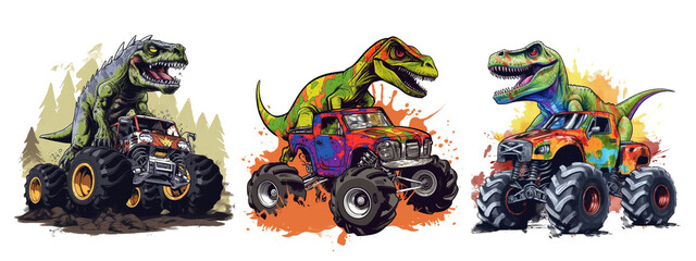 T-Rex Riding on Truck , Cartoon dinosaur characters driving