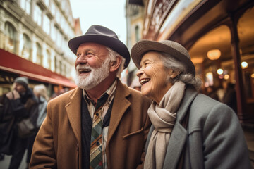 A senior couple exploring a bustling city street, hand in hand, marveling at the sights and sounds of urban life, elderly happy people, old age, bokeh Generative AI