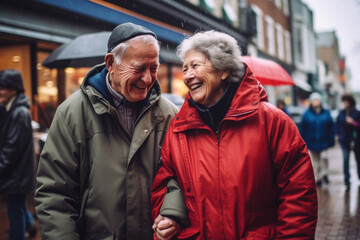 Fototapeta premium A senior couple exploring a bustling city street, hand in hand, marveling at the sights and sounds of urban life, elderly happy people, old age, bokeh Generative AI